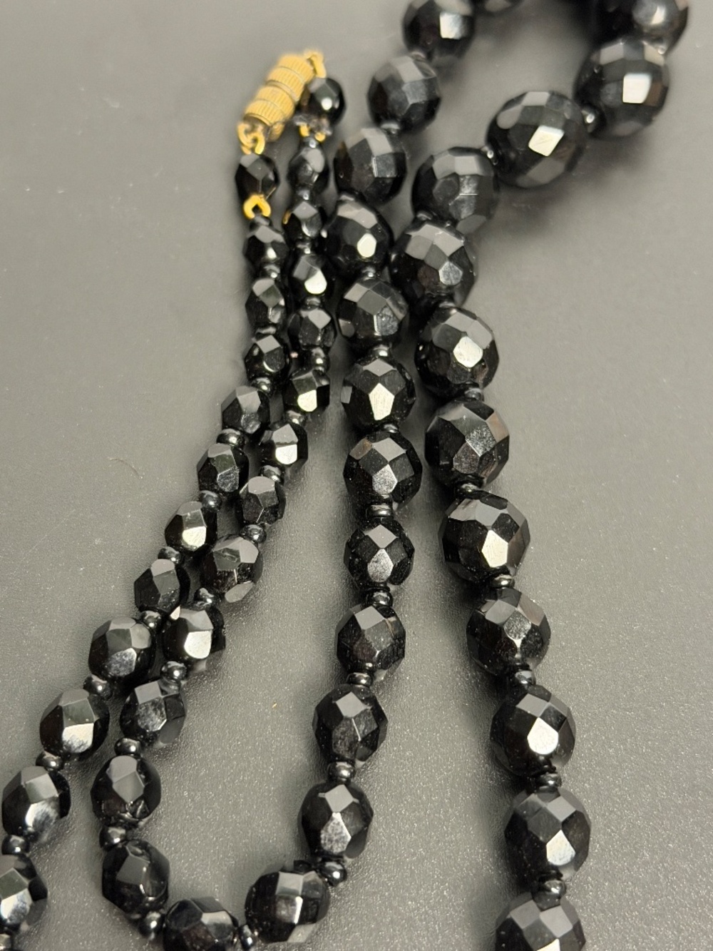 Vintage Black Glass Faceted Bead Necklace 24” Art Deco French Jet Style